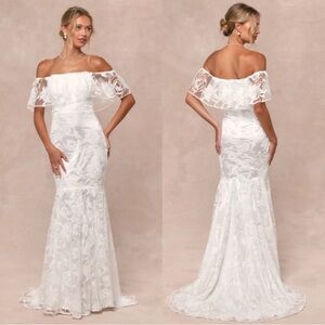 Lulus White Mermaid Perfect Eternity Off Shoulder Floral Maxi Wedding Dress NWOT